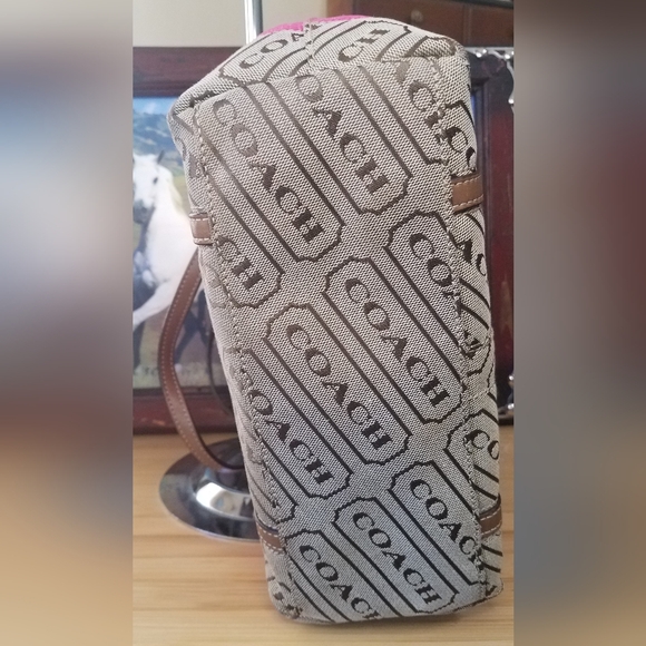 Coach Lozenge Brown Canvas Leather Trim Pink Stripe Zipper Closure Tote Bag - Picture 11 of 13